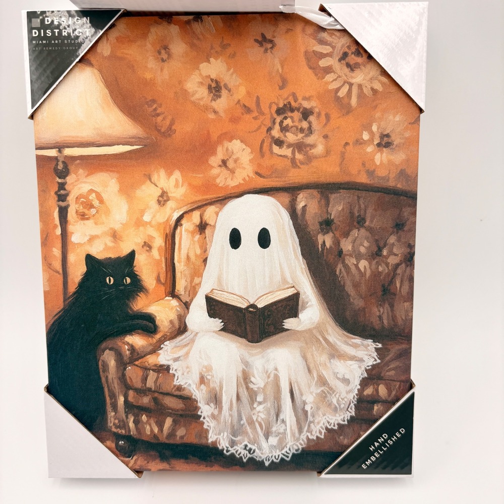 Design District Ghost Reading Book with Black Cat Canvas Art Hand Embellished